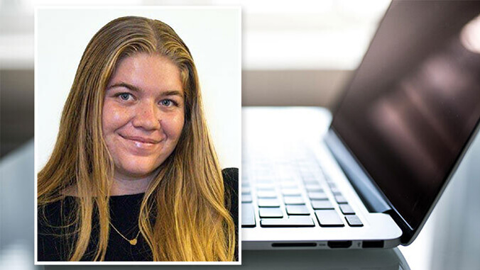 person headshot with a photo of a laptop behind