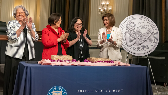 Gibson, Pelosi, Mink and Hirono next to the Patsy Mink Quarter